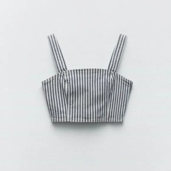 Zara Striped Denim Crop Top In Blue / White - Picture 3 of 7